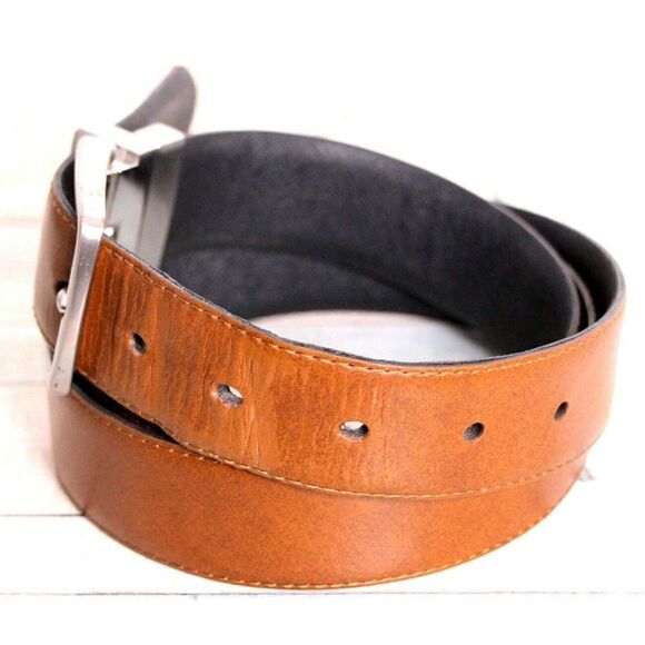 SAFFIANO BLACK BROWN GENUINE LEATHER 1.25"W REVERSIBLE DRESS MEN'S BELT 42 (X10 - Picture 8 of 11
